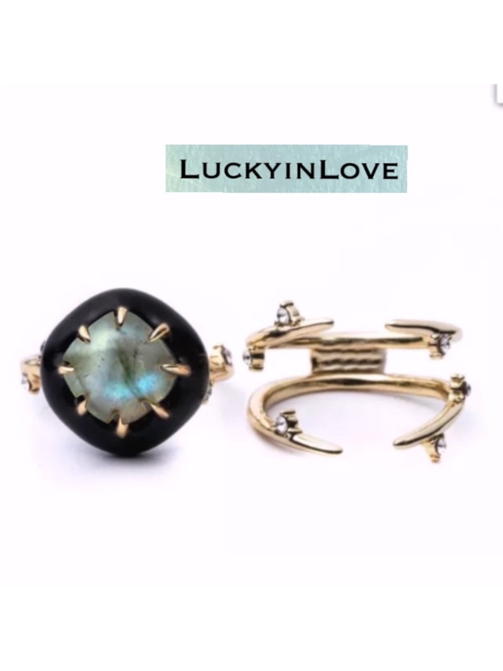 Alexis Bittar New Black Enamel Labradorite Gold Double 2 Ring Set ~Size 7.5
